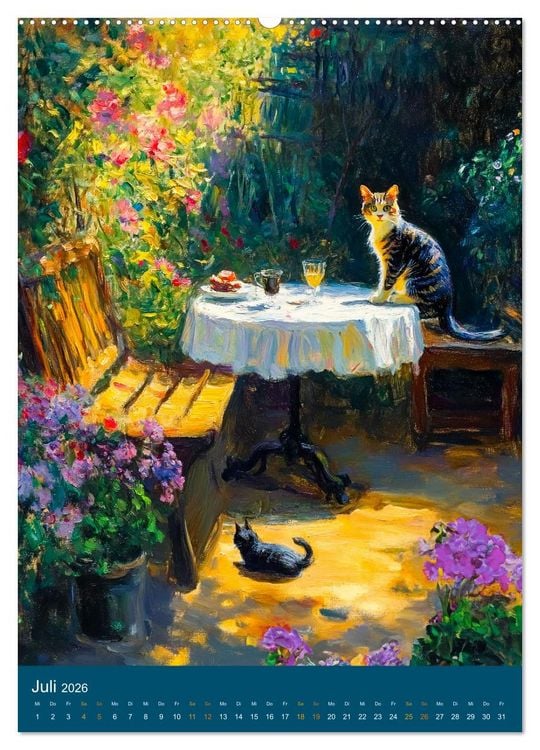 Produktbild: Katzen und Kunst - Samtige Herrscher der impressionistischen G&auml;rten (Wandkalender 2026 DIN A2 hoch), CALVENDO Monatskalender