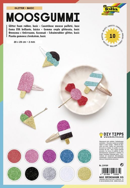 Produktbild: Folia Moosgummi GLITTER/BASIC 20x29cm 10 Blatt farbig