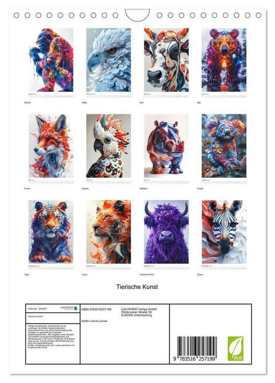 Produktbild: Tierische Kunst (Wandkalender 2026 DIN A4 hoch), CALVENDO Monatskalender