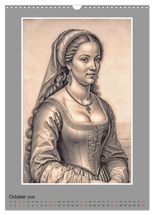 Produktbild: Baroque Beauties, Pencil Art with Artificial Intelligence (Wall Calendar 2026 DIN A3 portrait), CALVENDO 12 Month Wall Calendar