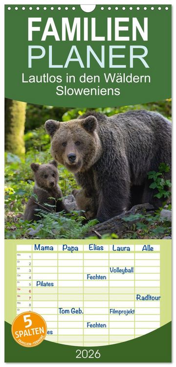 Produktbild: Familienplaner 2026 - Lautlos in den W&auml;ldern Sloweniens mit 5 Spalten (Wandkalender, 21 x 45 cm) CALVENDO