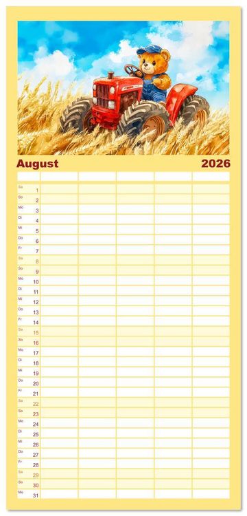 Produktbild: Familienplaner 2026 - Teddy auf dem Bauernhof - Entdecke das Landleben mit Tieren und Feldern mit 5 Spalten (Wandkalender, 21 x 45 cm) CALVENDO