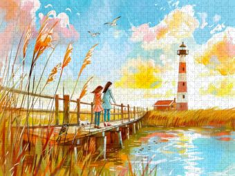 Produktbild: CALVENDO Puzzle Spaziergang mit Mutter und Kind zum Leuchtturm | 1000 Teile Lege-Gr&ouml;&szlig;e 64x48cm Foto-Puzzle f&uuml;r gl&uuml;ckliche Stunden