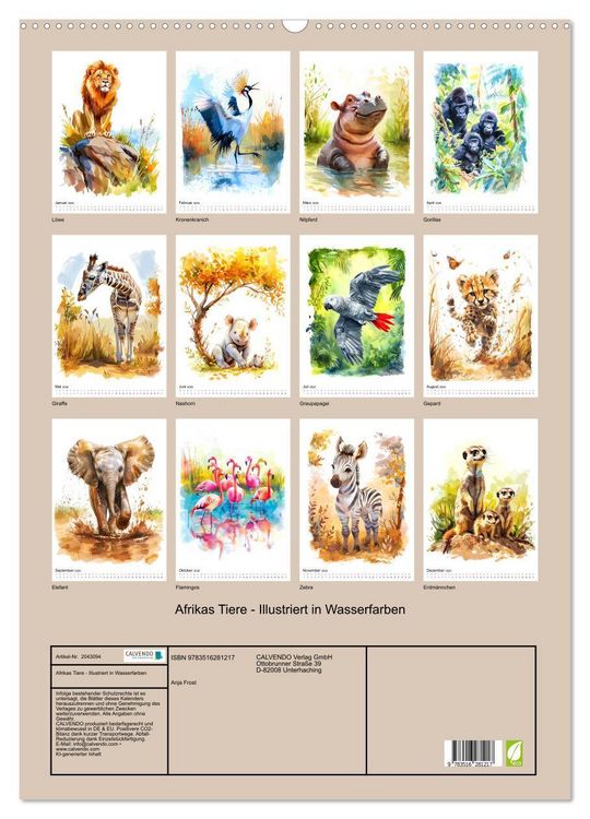 Produktbild: Afrikas Tiere - Illustriert in Wasserfarben (Wandkalender 2026 DIN A2 hoch), CALVENDO Monatskalender