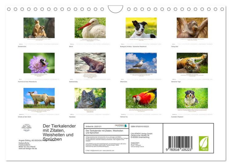 Produktbild: Der Tierkalender mit Zitaten, Weisheiten und Spr&uuml;chen (Wandkalender 2026 DIN A4 quer), CALVENDO Monatskalender