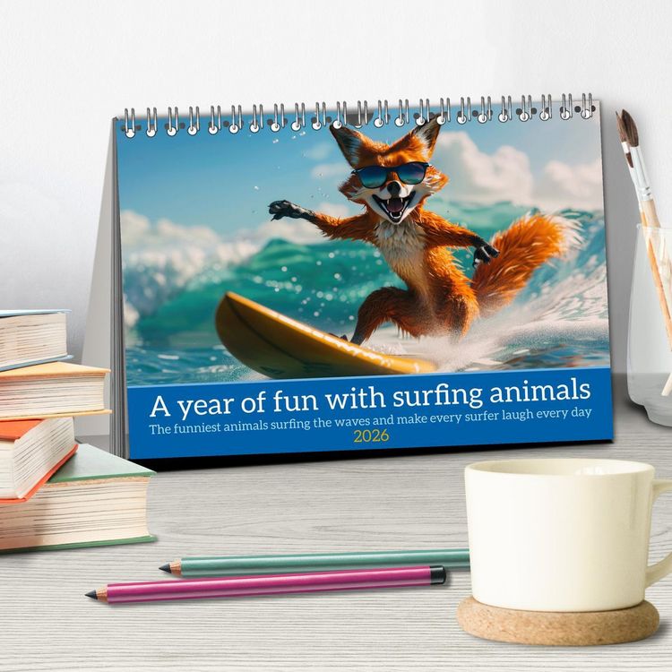 Produktbild: A year of fun with surfing animals (Desk Calendar 2026 DIN A5 landscape), CALVENDO 12 Month DeskCalendar
