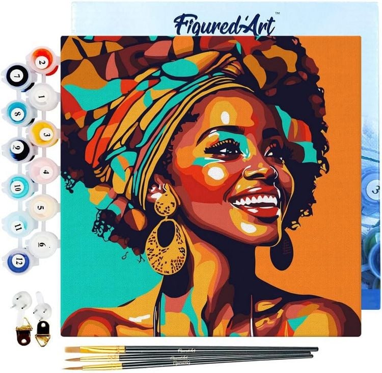 Produktbild: FiguredArt SFA121-Y - Mini Malen nach Zahlen, Afrikanische K&ouml;nigin Pop Art, Leinwand-Keilrahmen 20x20cm, DIY Bastelset, Paint by Numbers