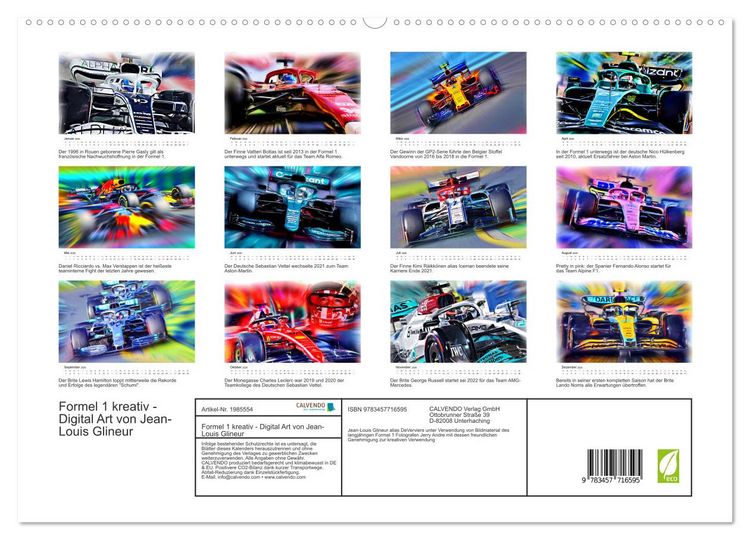 Produktbild: Formel 1 kreativ - Digital Art von Jean-Louis Glineur (hochwertiger Premium Wandkalender 2026 DIN A2 quer), Kunstdruck in Hochglanz