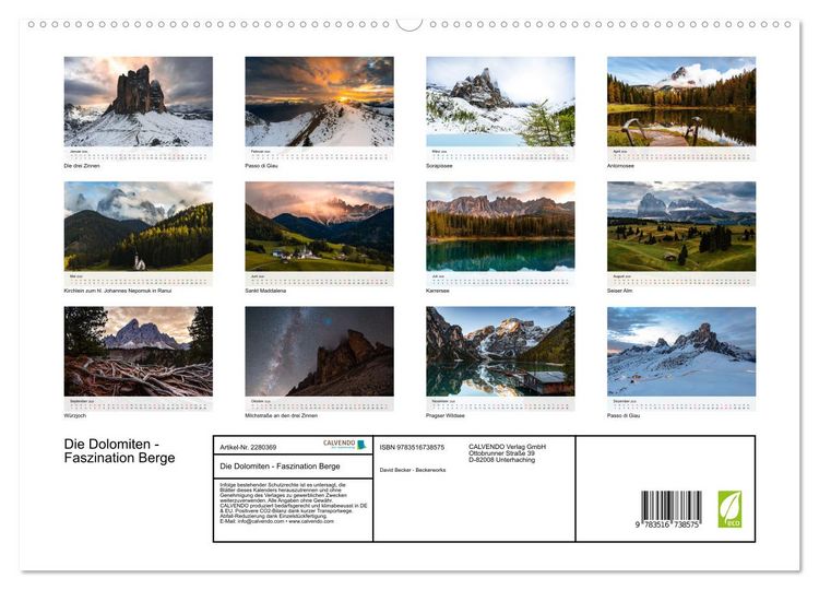 Produktbild: Die Dolomiten - Faszination Berge (hochwertiger Premium Wandkalender 2026 DIN A2 quer), Kunstdruck in Hochglanz