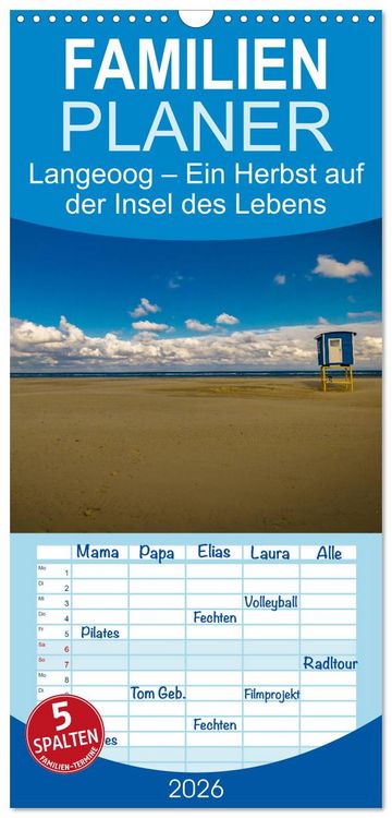 Produktbild: Familienplaner 2026 - Langeoog &ndash; Ein Herbst auf der Insel des Lebens mit 5 Spalten (Wandkalender, 21 x 45 cm) CALVENDO