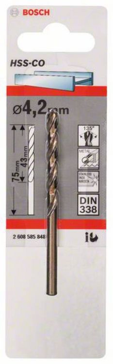 Produktbild: Bosch Accessories 2608585848 HSS Metall-Spiralbohrer 4.2 mm Gesamtl&auml;nge 75 mm Cobalt DIN 338 Zylinderschaft 1 St.