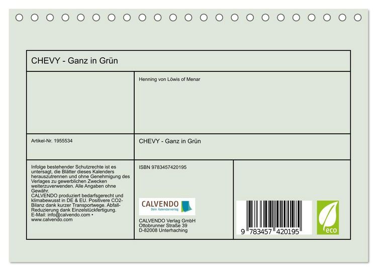 Produktbild: CHEVY - Ganz in Gr&uuml;n (Tischkalender 2026 DIN A5 quer), CALVENDO Monatskalender