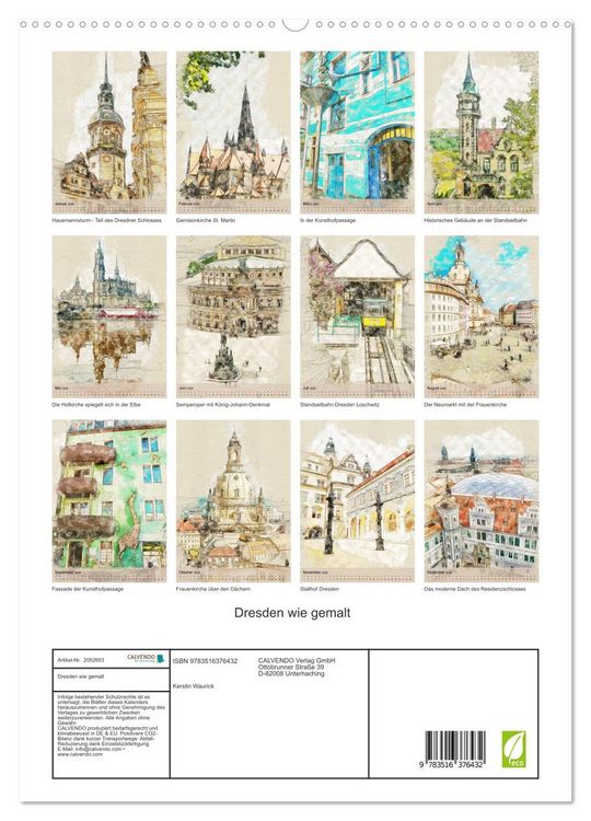 Produktbild: Dresden wie gemalt (hochwertiger Premium Wandkalender 2026 DIN A2 hoch), Kunstdruck in Hochglanz