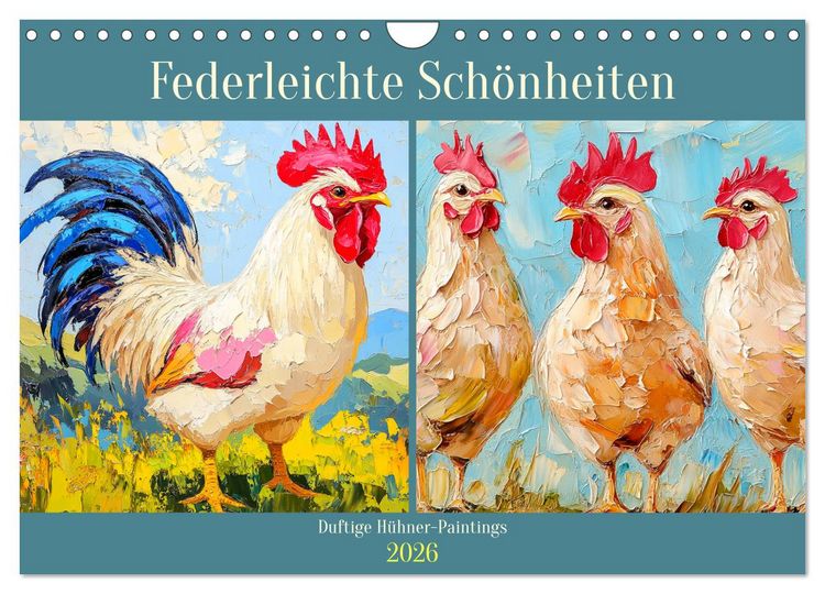 Produktbild: Federleichte Sch&ouml;nheiten. Duftige H&uuml;hner-Paintings (Wandkalender 2026 DIN A4 quer), CALVENDO Monatskalender