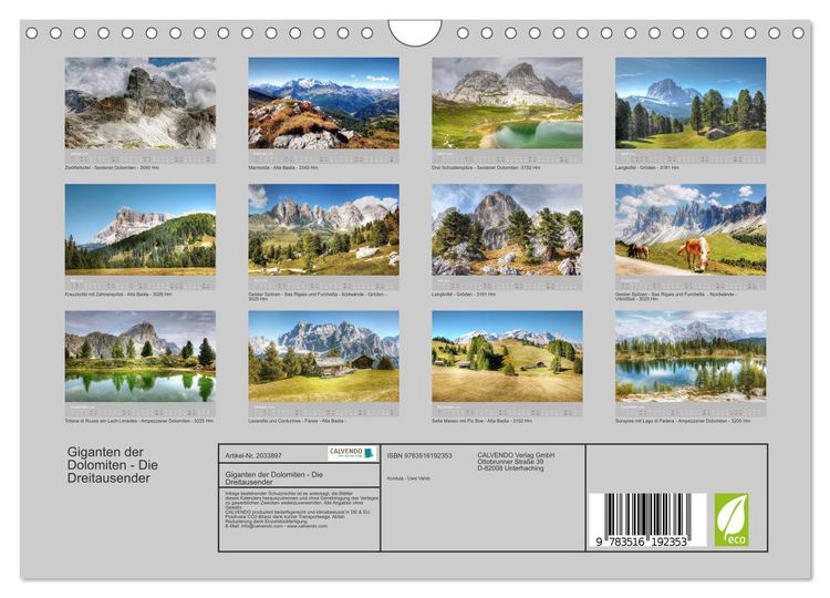 Produktbild: Giganten der Dolomiten - Die Dreitausender (Wandkalender 2026 DIN A4 quer), CALVENDO Monatskalender