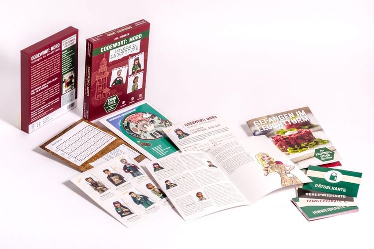 Codewort: Mord. Gefangen im Leuchtturm. Krimidinner-Rollenspiel und Kochbuch. Für 6 Spieler ab 12 Jahren.