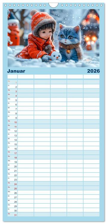 Produktbild: Familienplaner 2026 - Lina und die Katzen - Magische Abenteuer in niedlichen Szenen mit 5 Spalten (Wandkalender, 21 x 45 cm) CALVENDO