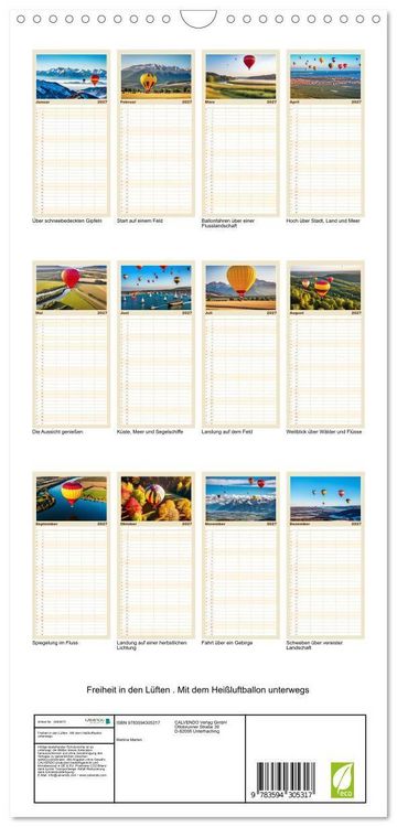Produktbild: Familienplaner 2027 - Freiheit in den L&uuml;ften. Mit dem Hei&szlig;luftballon unterwegs mit 5 Spalten (Wandkalender, 21 x 45 cm) CALVENDO