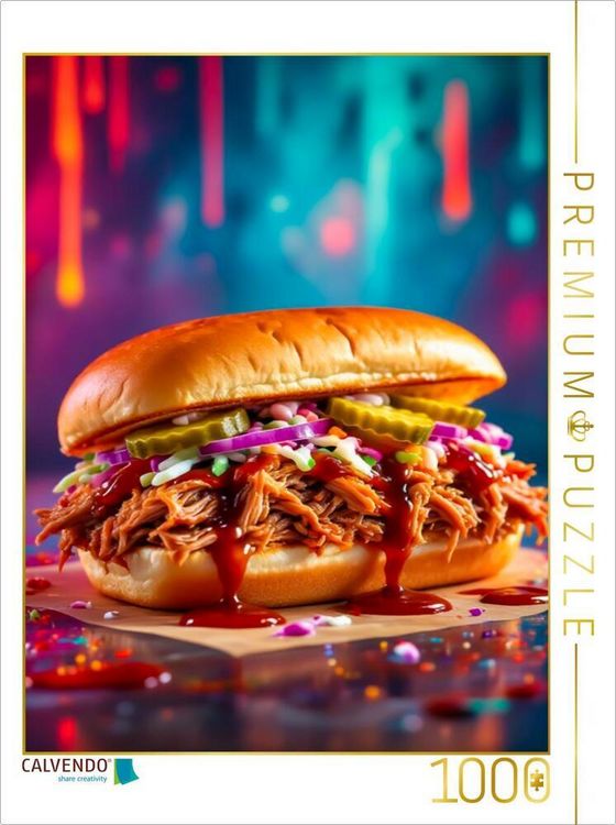 Produktbild: CALVENDO Puzzle Pulled Pork Burger im Farbfeuer | 1000 Teile Lege-Gr&ouml;&szlig;e 64x48cm Foto-Puzzle f&uuml;r gl&uuml;ckliche Stunden