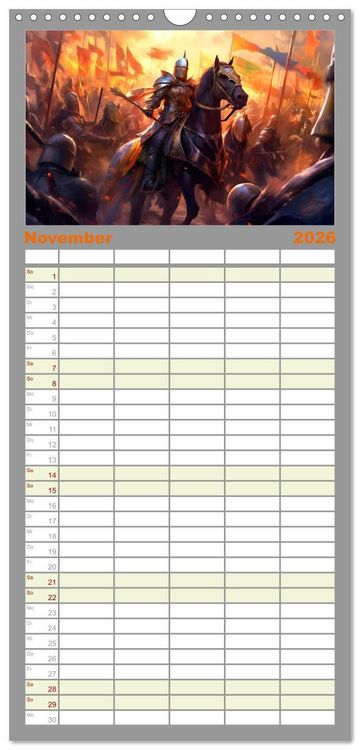 Produktbild: Familienplaner 2026 - Drachent&auml;nzer - Bildgeschichten aus dem Mittelalter mit 5 Spalten (Wandkalender, 21 x 45 cm) CALVENDO