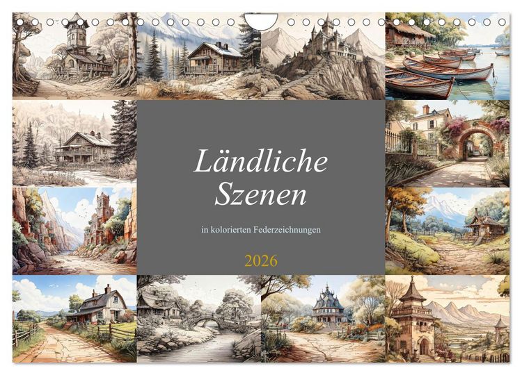 Produktbild: L&auml;ndliche Szenen in kolorierten Federzeichnungen (Wandkalender 2026 DIN A4 quer), CALVENDO Monatskalender
