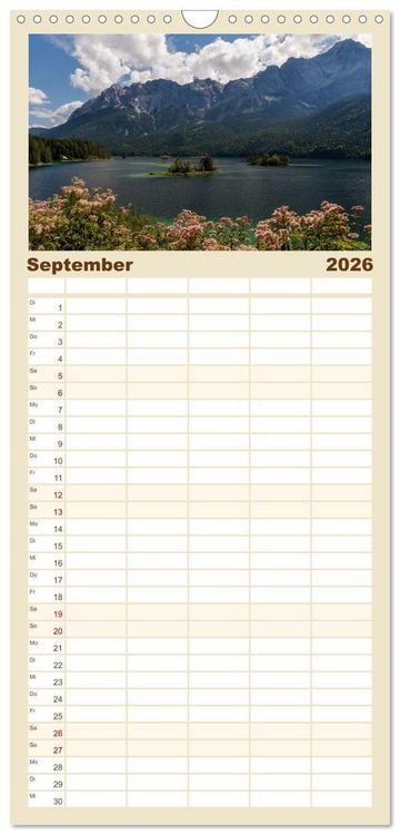 Produktbild: Familienplaner 2026 - Berge und Seen rund um die Zugspitze mit 5 Spalten (Wandkalender, 21 x 45 cm) CALVENDO