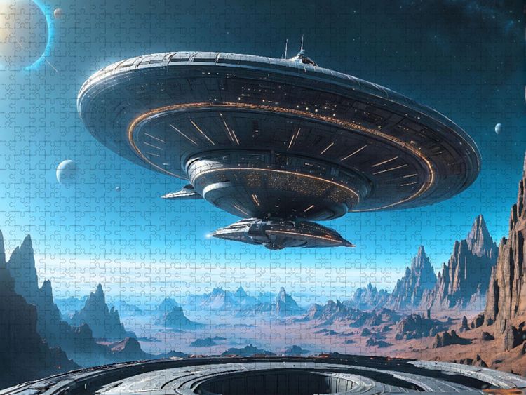 Produktbild: CALVENDO Puzzle Untertasse bei der Landung auf einem Alien-Planeten | 1000 Teile Lege-Gr&ouml;&szlig;e 64x48cm Foto-Puzzle f&uuml;r gl&uuml;ckliche Stunden