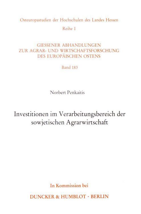 Produktbild: Investitionen im Verarbeitungsbereich der sowjetischen Agrarwirtschaft.