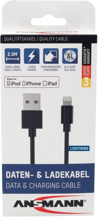 Produktbild: Ansmann USB-Kabel USB 2.0 USB-A Stecker, Apple Lightning Stecker 2.00 m Schwarz Aluminium-Stecker, TPE-Mantel, beidseitig verwendbarer Stecker