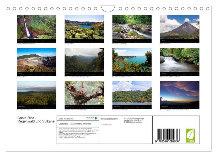 Produktbild: Costa Rica - Regenwald und Vulkane (Wandkalender 2026 DIN A4 quer), CALVENDO Monatskalender