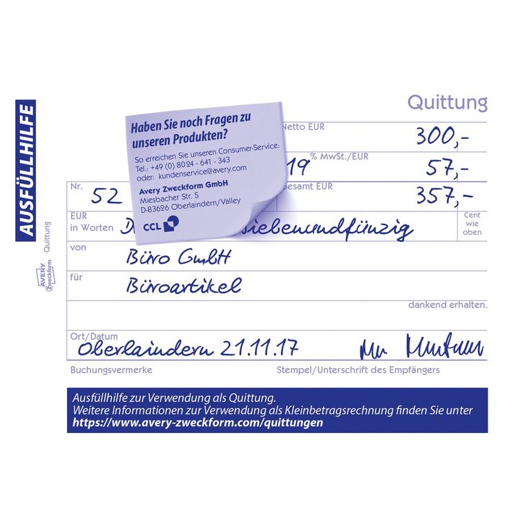 Produktbild: AVERY Zweckform Quittung selbstdurchschreibend DIN A6 quer 2x40 Blatt