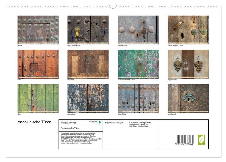 Produktbild: Andalusische T&uuml;ren (hochwertiger Premium Wandkalender 2026 DIN A2 quer), Kunstdruck in Hochglanz