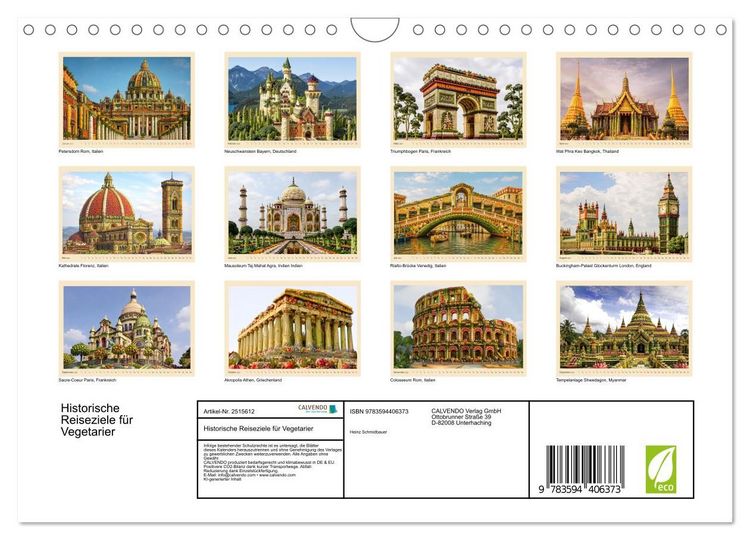 Produktbild: Historische Reiseziele f&uuml;r Vegetarier (Wandkalender 2027 DIN A4 quer), CALVENDO Monatskalender