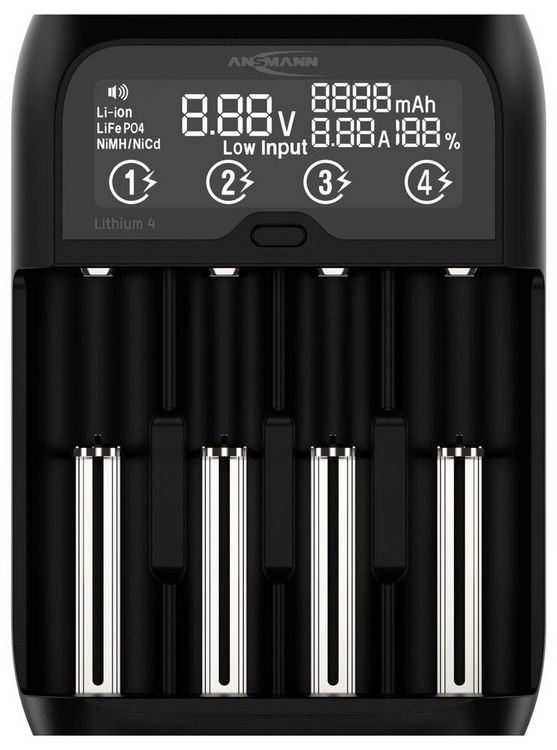 Produktbild: Ansmann Lithium 4 Universalladeger&auml;t mit 2x 18650 Akkuzellen (2600mAh) Ladeger&auml;t LiIon, LiFePO4, NiMH 18500, 18650, 14500, 16340