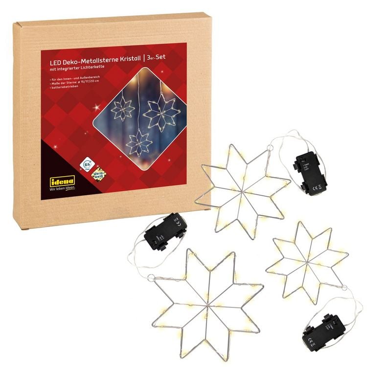 Produktbild: Idena Kristallsterne mit LED warmwei&szlig; Metall &Oslash;15, 17, 20cm 3 St&uuml;ck