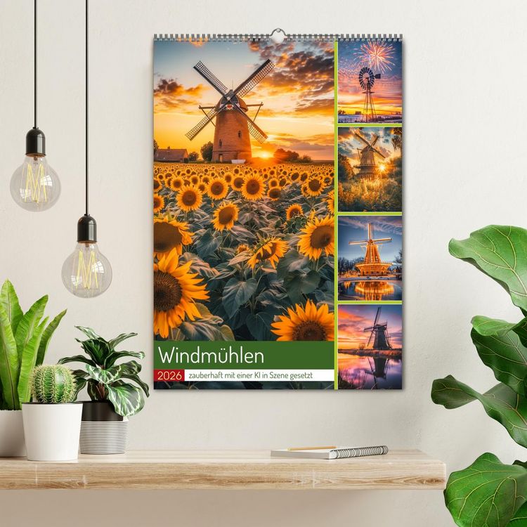 Produktbild: Windm&uuml;hlen - Zauberhaft mit einer KI in Szene gesetzt (Wandkalender 2026 DIN A2 hoch), CALVENDO Monatskalender