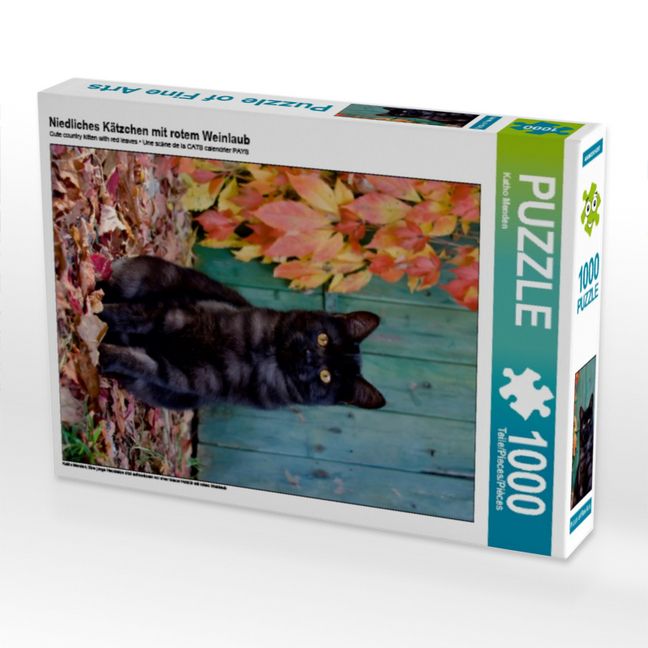 Produktbild: CALVENDO Puzzle Niedliches K&auml;tzchen mit rotem Weinlaub | 1000 Teile Lege-Gr&ouml;&szlig;e 64x48cm Foto-Puzzle f&uuml;r gl&uuml;ckliche Stunden