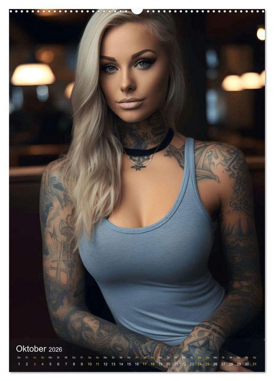 Produktbild: Tattoo Sch&ouml;nheiten - zw&ouml;lf Monate, zw&ouml;lf Frauen und jede Menge Tattoos (hochwertiger Premium Wandkalender 2026 DIN A2 hoch), Kunstdruck in Hochglanz