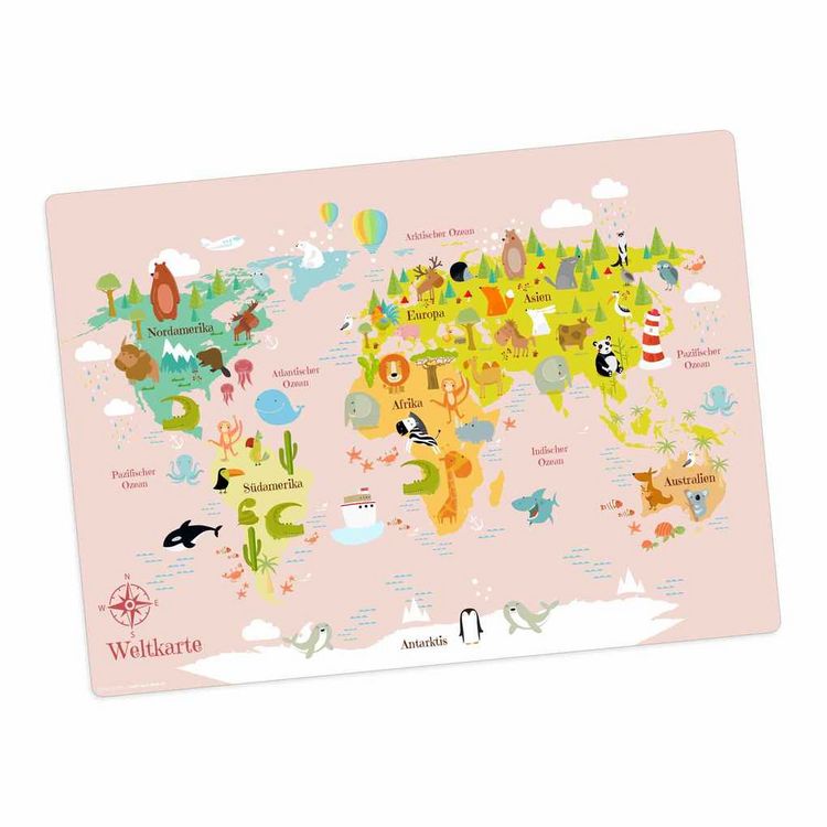 Produktbild: Tischsetmacher Tischset Weltkarte in rosa f&uuml;r Kinder, aus hochwertigem Vinyl , 44 x 32 cm