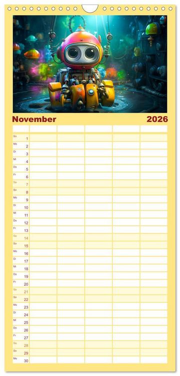 Produktbild: Familienplaner 2026 - Die Welt der kleinen Robots mit 5 Spalten (Wandkalender, 21 x 45 cm) CALVENDO