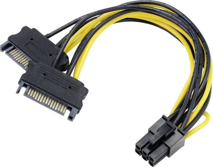 Produktbild: Akasa Strom Adapter [2x SATA-Strom-Stecker 15pol. - 1x PCIe-Stecker 6pol.] 0.15 m Schwarz, Gelb