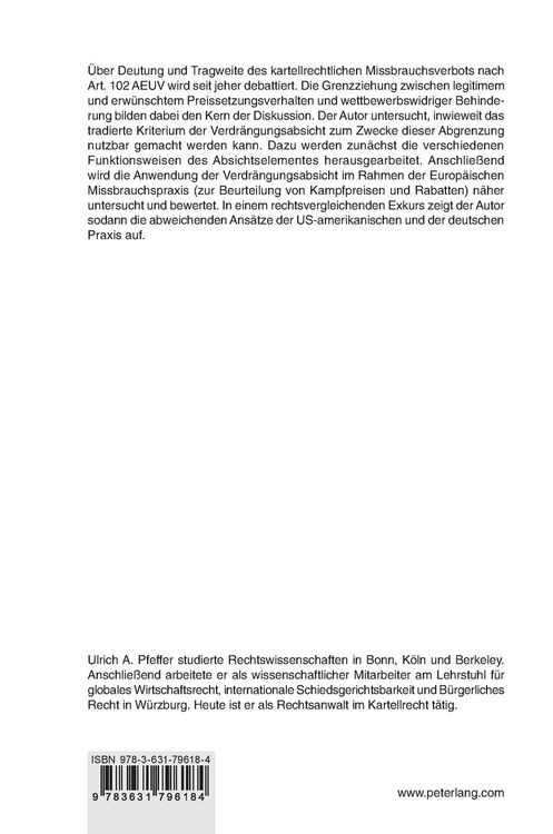 Produktbild: Die Verdr&auml;ngungsabsicht als Beurteilungskriterium preisbezogener Behinderungsmissbr&auml;uche im Rahmen von Art. 102 AEUV