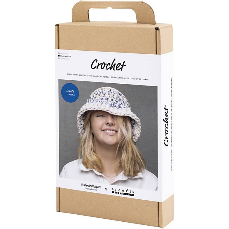 Produktbild: Creativ Company DIY Sets Stricken & H&auml;keln Kreativ Set H&auml;keln, Blau, Hellnatur, Gelb, Dicker Fischerhut, Kreativ Box