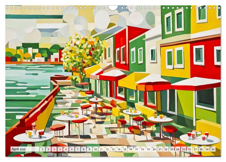 Produktbild: Kubistische Stadtlandschaften - Geometrische Urban Art am Wasser (Wandkalender 2026 DIN A3 quer), CALVENDO Monatskalender