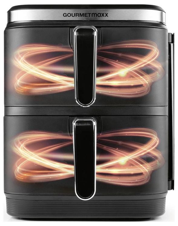 Produktbild: GourmetMaxx FryUp Vertical 15305 Hei&szlig;luft-Fritteuse 10 l 2800 W 2 getrennte Temperaturregler, Antihaftbeschichtung, digitaler Timer Schwarz