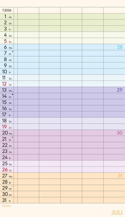 Produktbild: Superplaner Farbenfroh 2026 - 5 Spalten - Familienkalender 26x45 cm - Offset-Papier - mit Ferienterminen - Wandkalender - Wandplaner