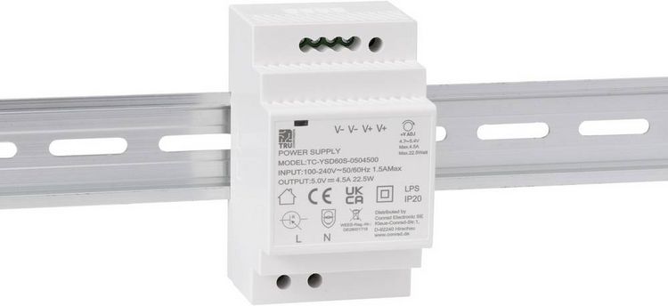 Produktbild: TRU COMPONENTS TC-13710876 Hutschienen-Netzteil (DIN-Rail) Verbrauch (StandBy) 0.3 W 5 V/DC 4.5 A 22.5 W Anzahl Ausg&auml;nge:1 x Inhalt 1 St.
