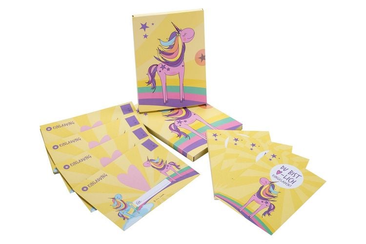 Produktbild: 12 Einladungskarten Geburtstag Einhorn (Handgemachte Einladungskarten Kindergeburtstag inkl. 12 liebevollen Hand designten Briefumschl&auml;gen)