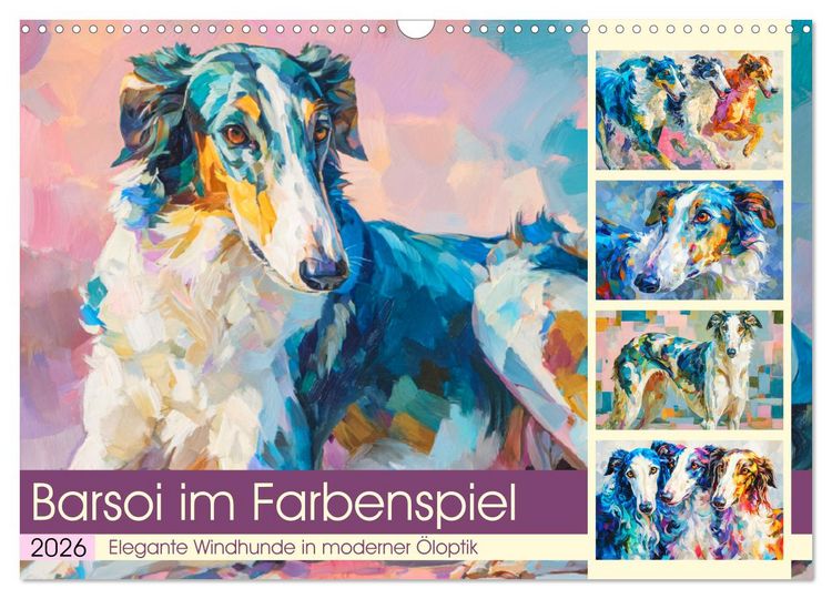 Produktbild: Barsoi im Farbenspiel. Elegante Windhunde in moderner &Ouml;loptik (Wandkalender 2026 DIN A3 quer), CALVENDO Monatskalender