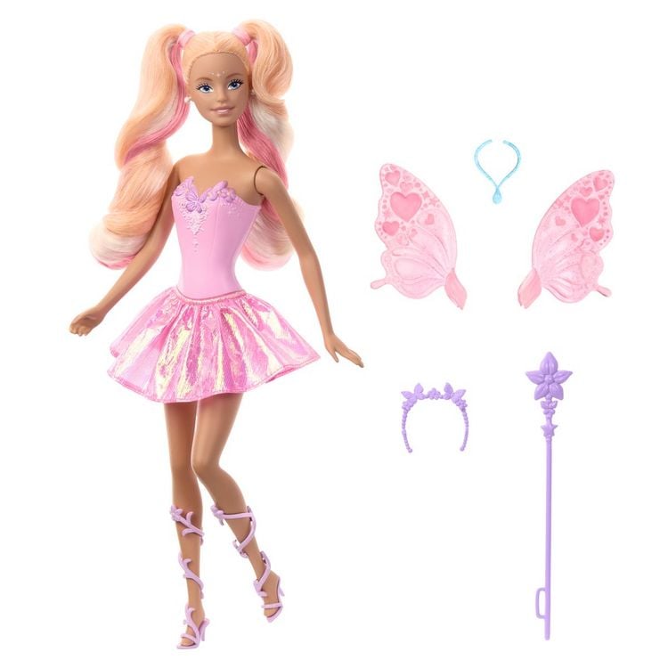 Produktbild: Barbie Fantasy Feenpuppe mit Farbwechsel-Flügeln und -Outfit, Spielzeugzauberstab mit Schwamm und Mode-Accessoires